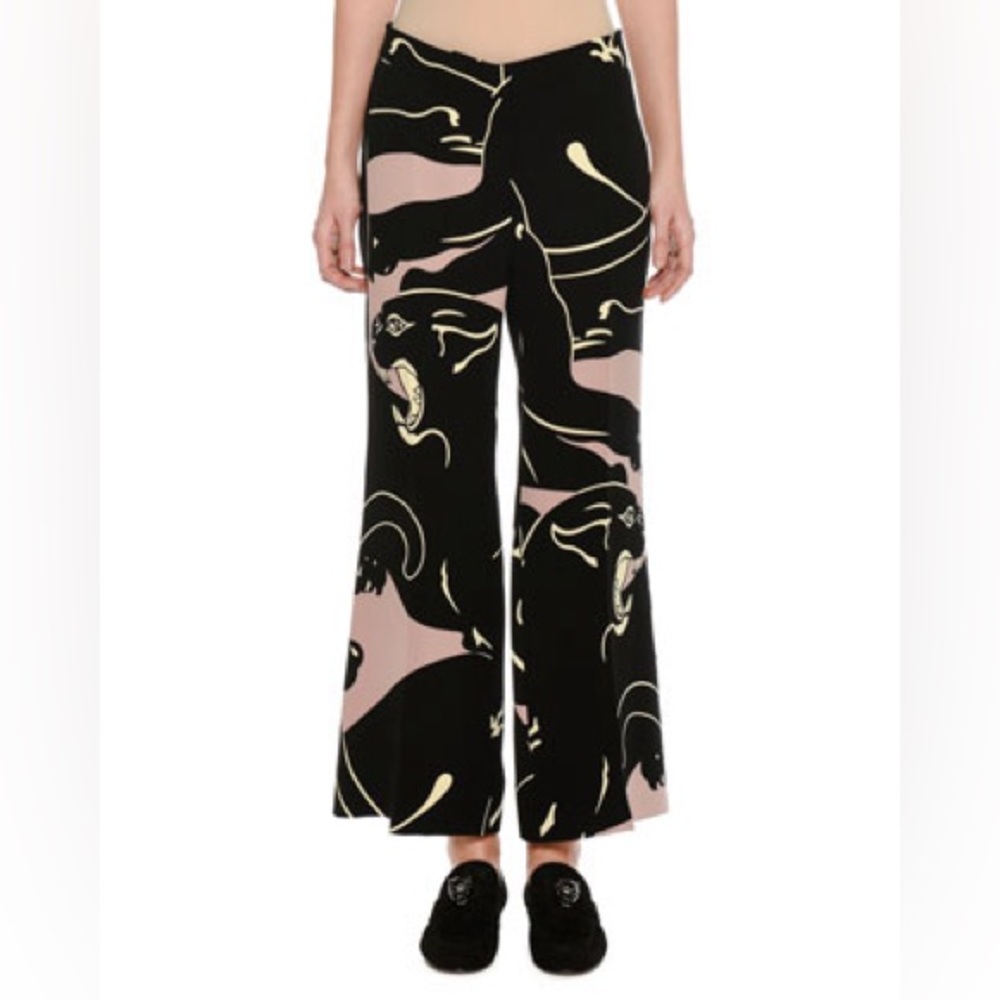 Valentino Panther-Print Wide-Leg Trousers, Pink/Black IT 40
